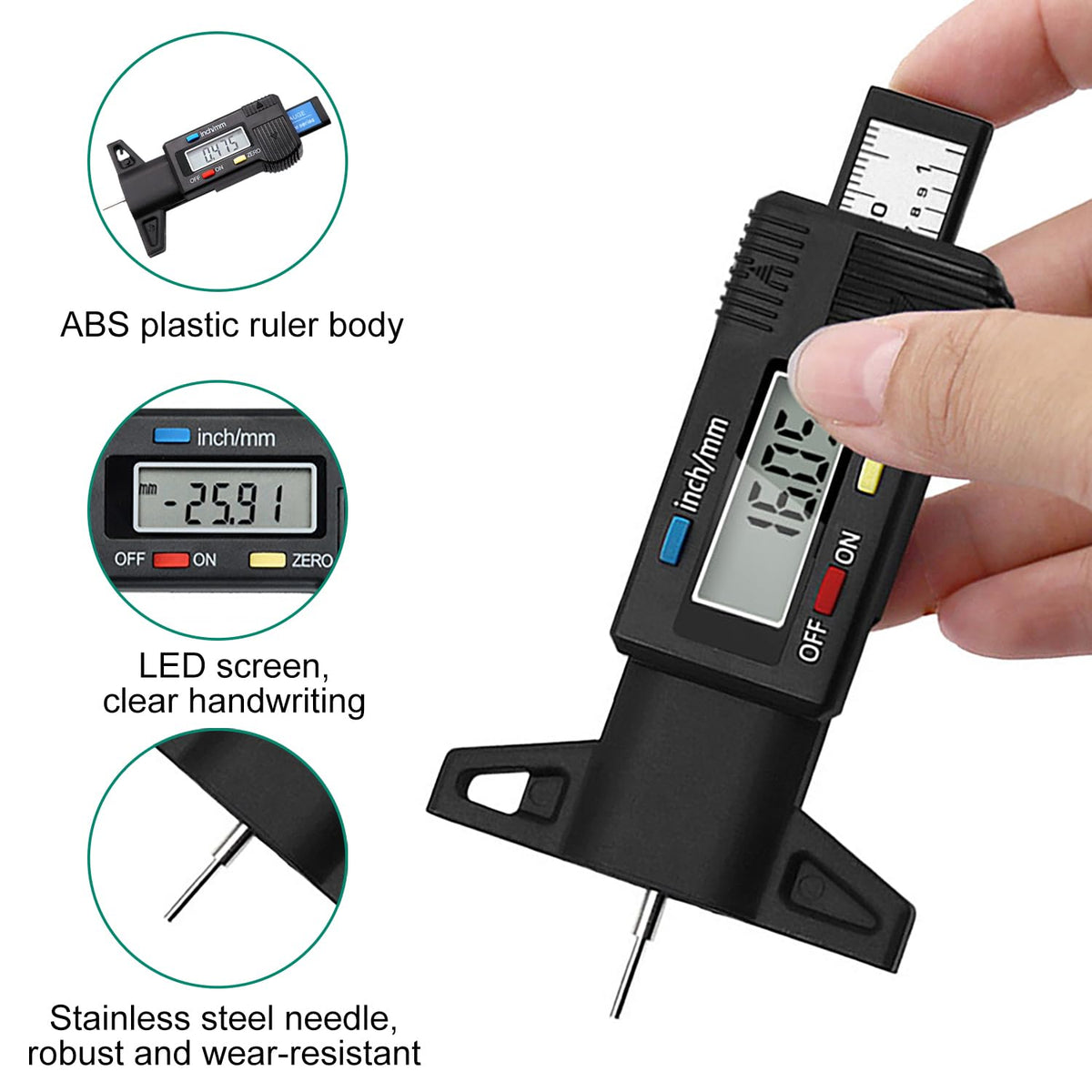 Digital Tire Tread Depth Meter, 0-25.4mm / 1Inch Tyre Guage-black