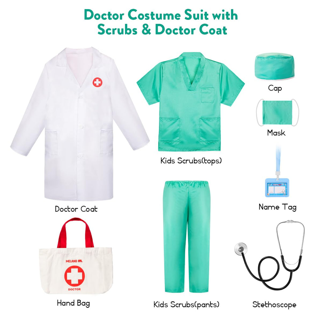 Meland Doctor Costume for Kids 3-10, Pretend Play Career Dress Up with Bag