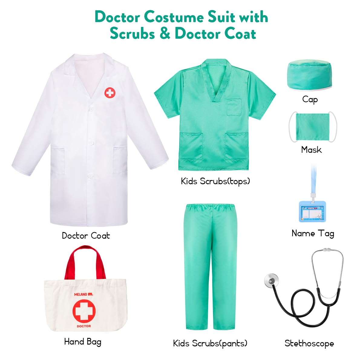 Meland Doctor Costume for Kids 3-10, Pretend Play Career Dress Up with Bag