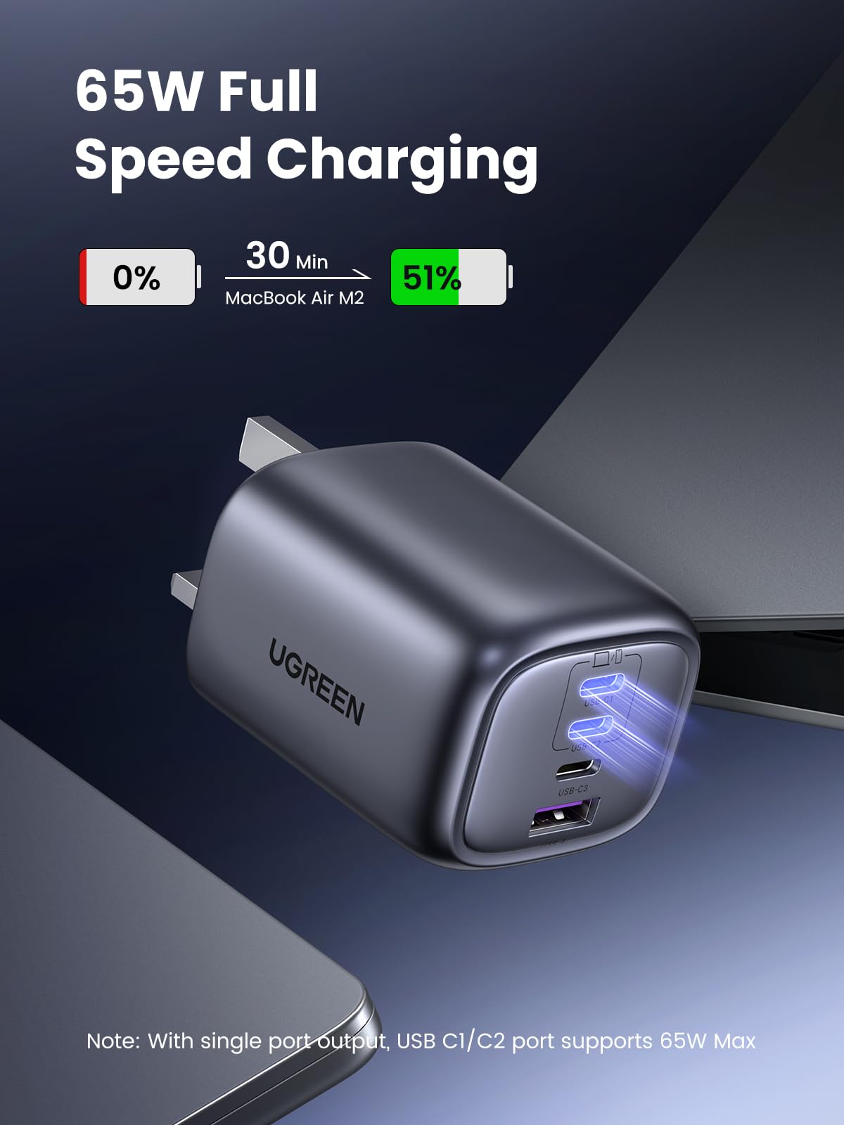 UGREEN Nexode 65W USB C Plug, 3-Port Foldable GaN Fast Travel Charger