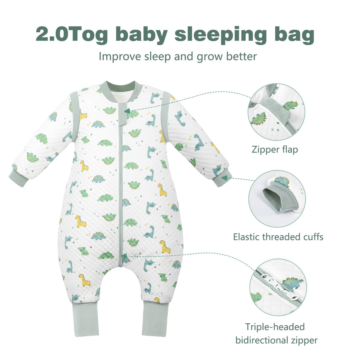 Baby Sleeping Bag with Feet, 2.0 Tog, Removable Sleeves 6-18 months