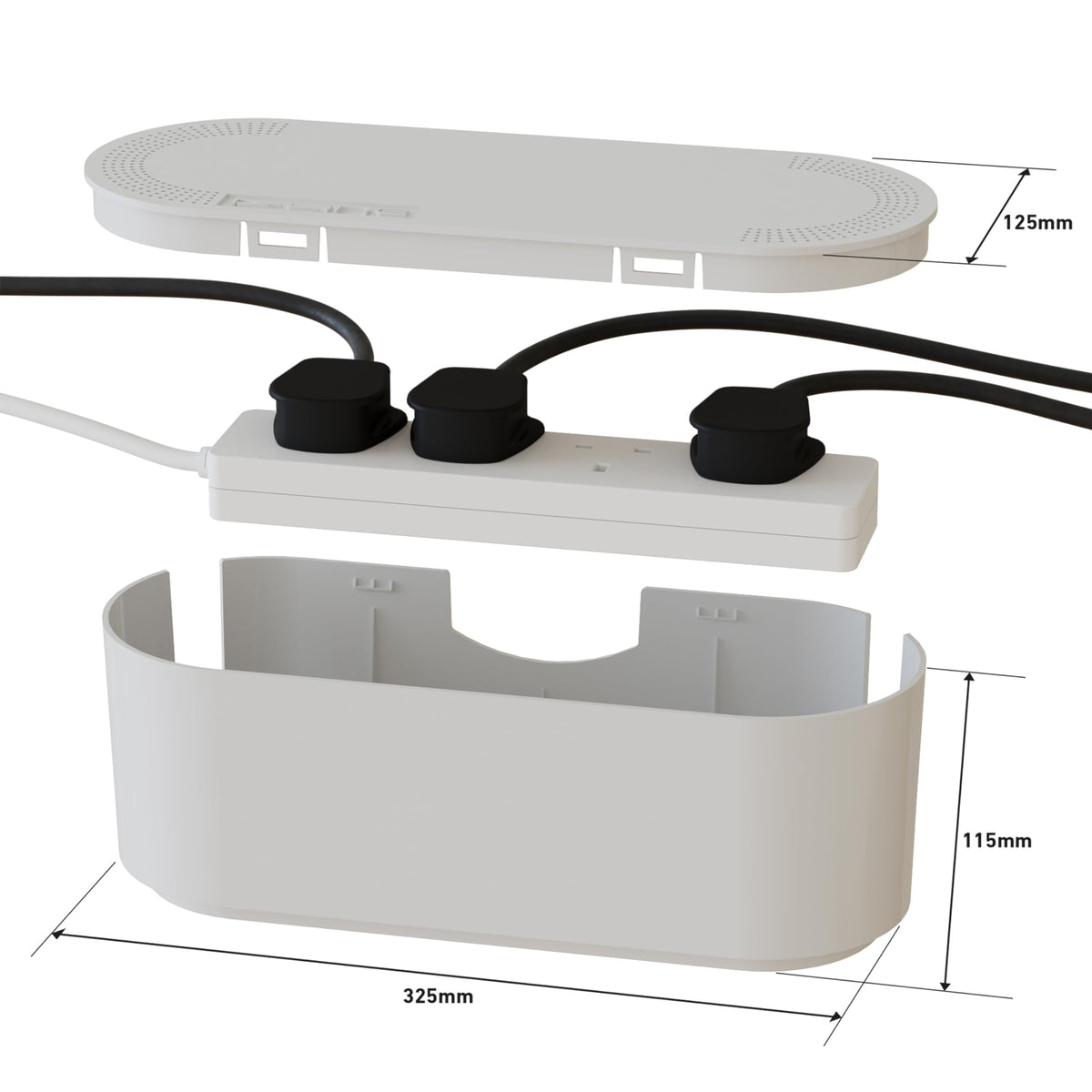 D-Line Cable Tidy Box, Hide Extension Blocks, Desk Cable Management, Organise TV Cables - 415mm (L) x 165mm (W) x 135mm (H) - Large, White