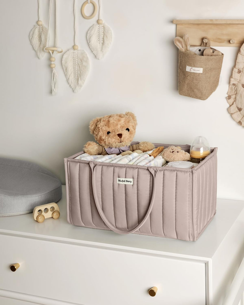 Blissful Diary Nappy Caddy Organiser, Baby Diaper Caddy for Nappy Station, Stylish Storage Basket for Newborn Essentials, Baby Shower Gifts for Girl or Boy, Sage Green