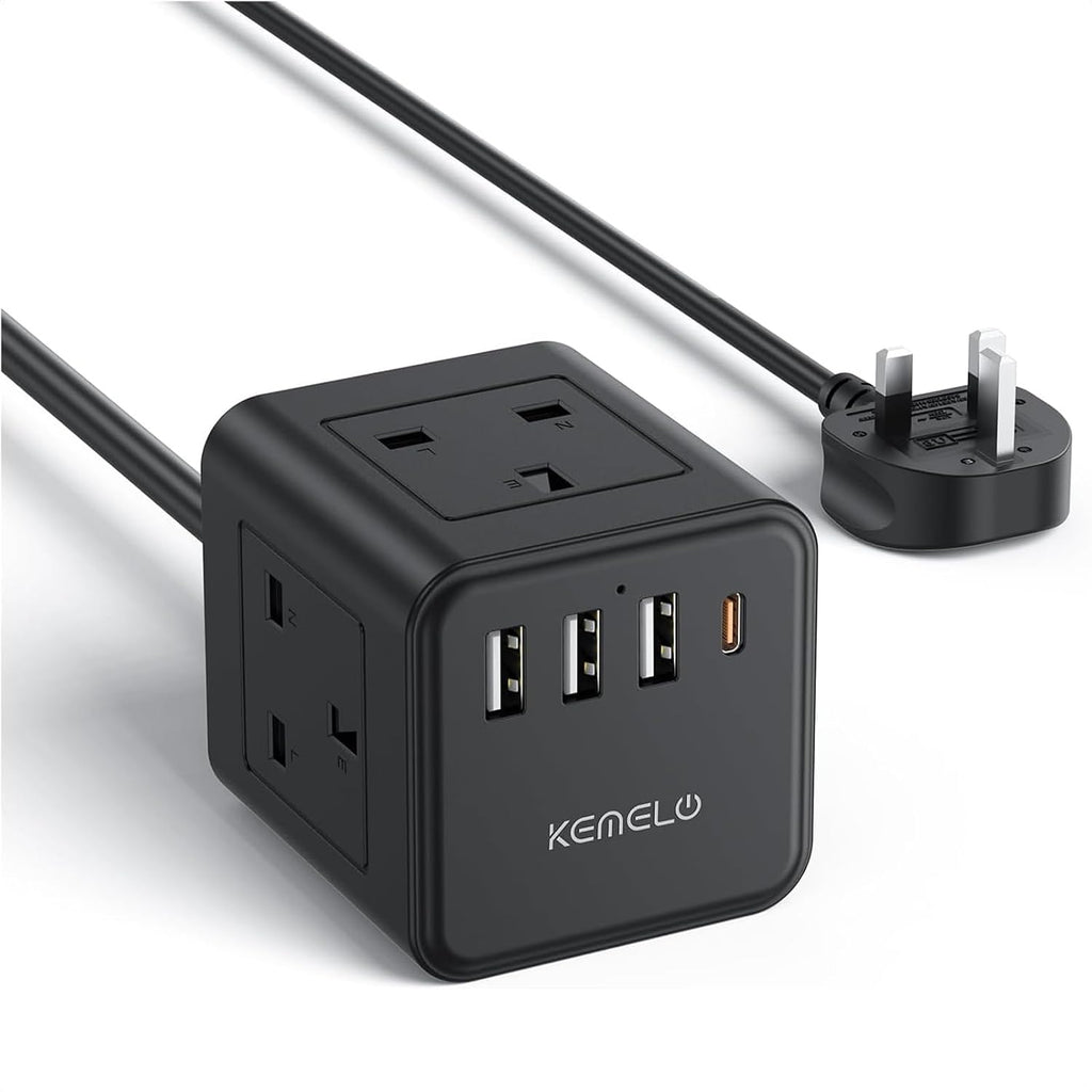 PD20W Cube Extension Lead with 4 USB Slots, Kemelo 4 Way (13A/3250W) Multi Plug Extension Cable with Child Safety UK Desktop Power Extension Socket,1.5M Extension Cords for Home Dorm Office
