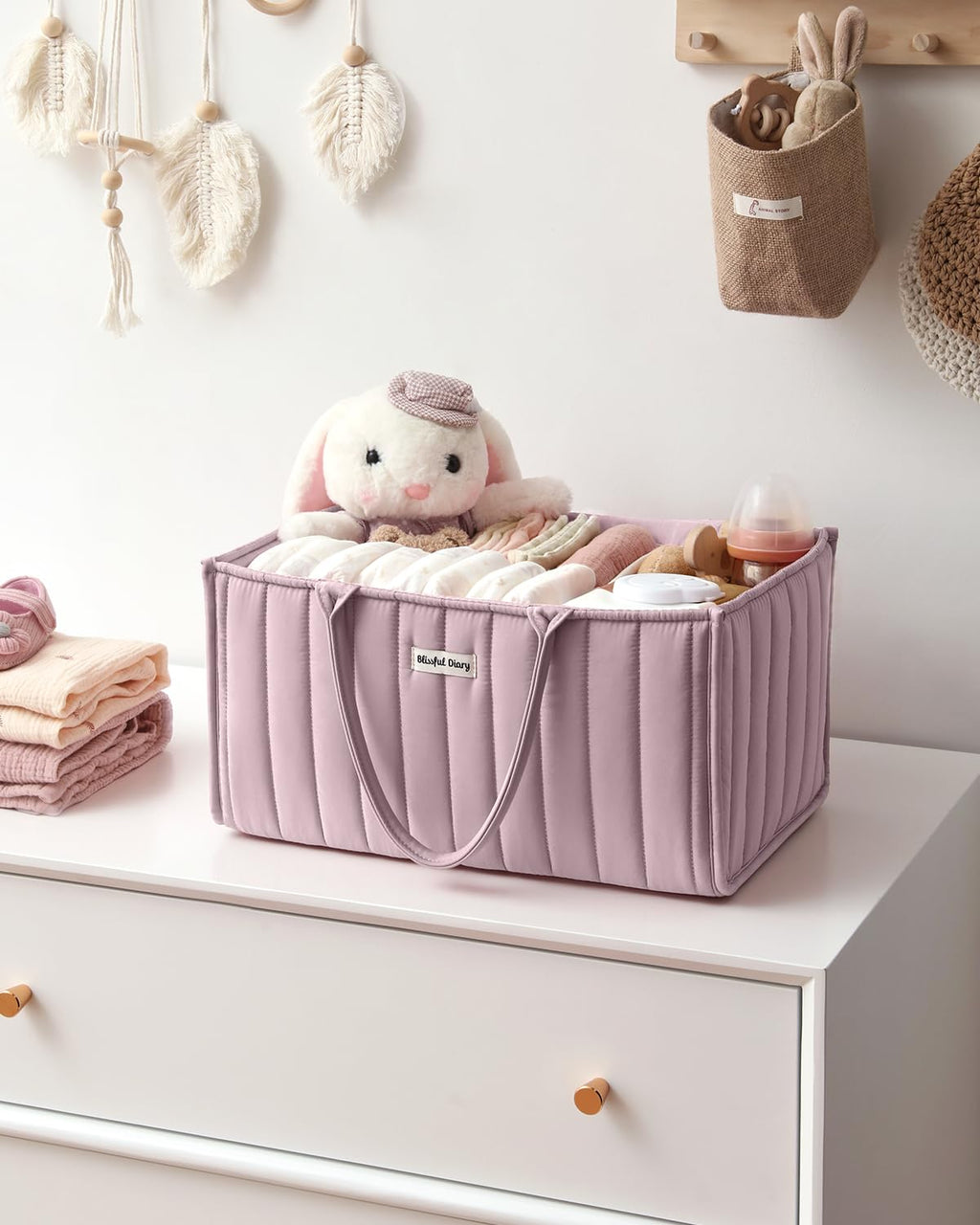 Blissful Diary Nappy Caddy Organiser, Baby Diaper Caddy for Nappy Station, Stylish Storage Basket for Newborn Essentials, Baby Shower Gifts for Girl or Boy, Sage Green