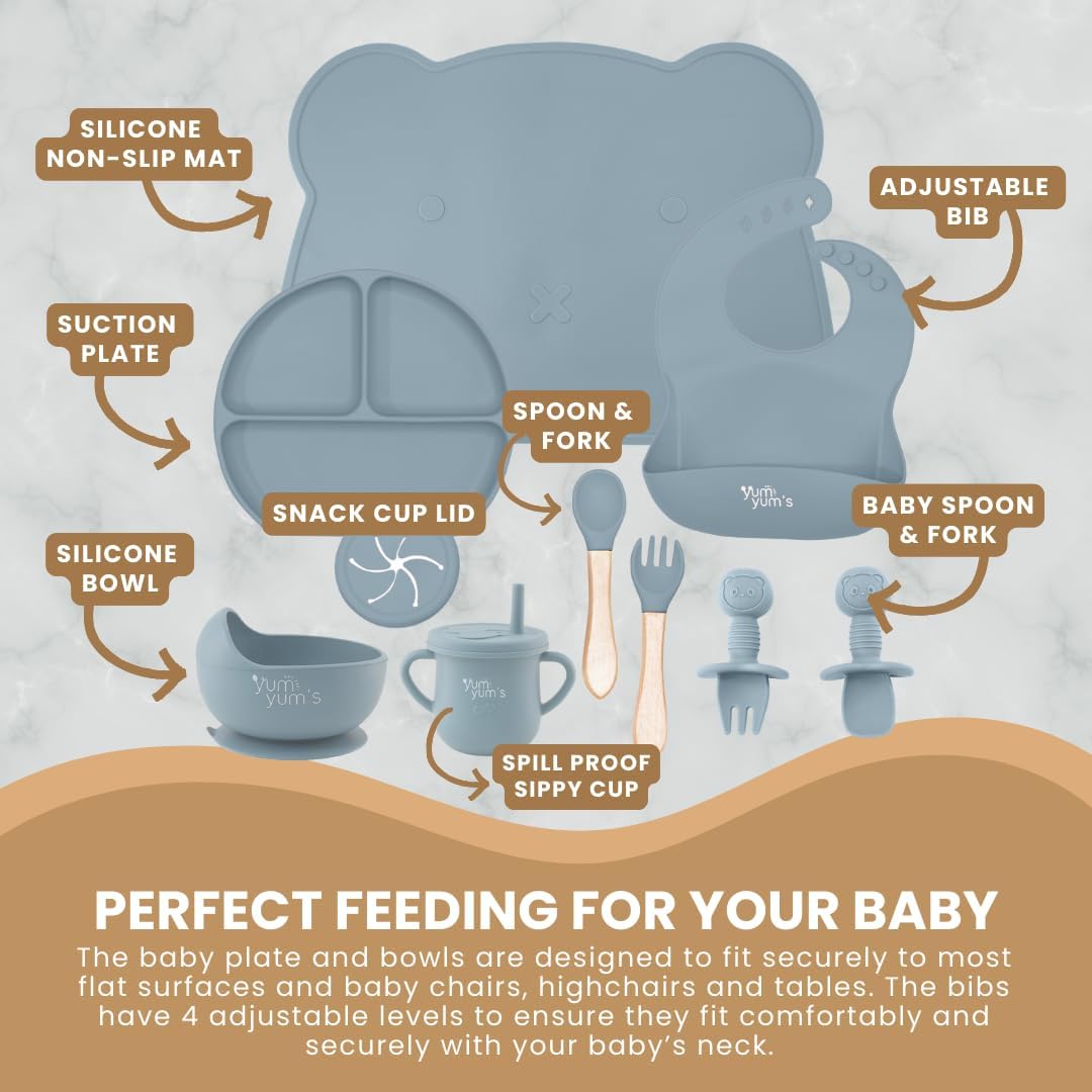 Yum Yum's Baby 10 Pcs Blue Weaning Set - Complete Toddler Feeding Kit w/Sectioned Plate, Suction Bowls, Cutlery with Mouth Guard, Straw Cup, Bib & Mat - Non-Slip - for Toddlers & Baby Gift