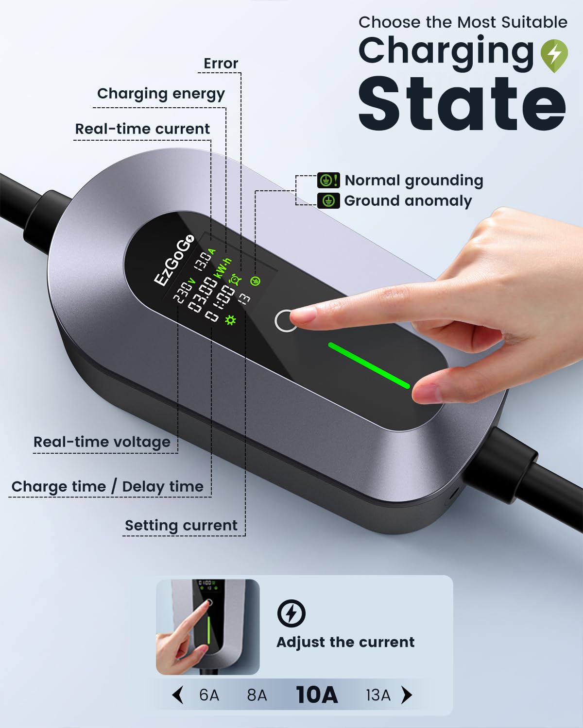 EzGoGo EV Charger 3 Pin Plug 32.81Ft/10M 3kW 6-13A Type 2 Charging Cable