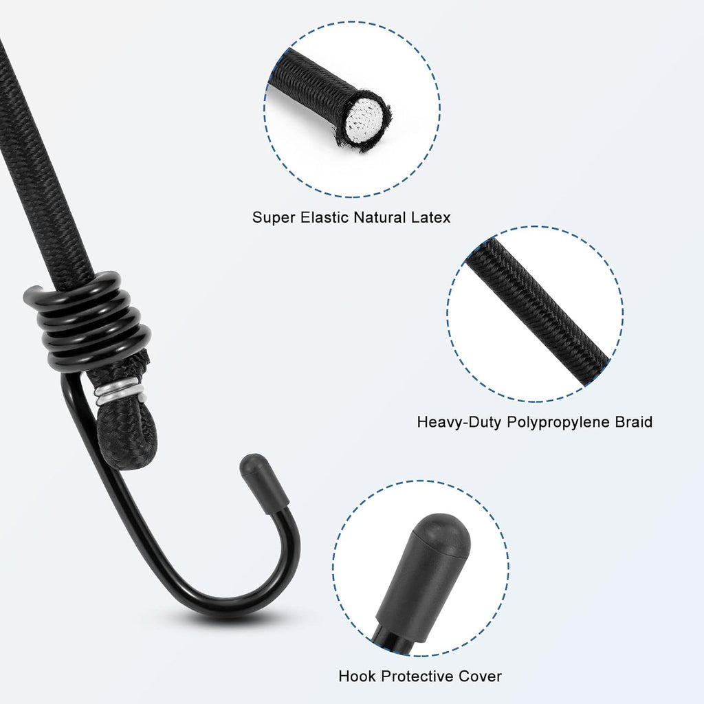 WeFine Pack of 10 Bungee Cords with Hooks Weatherproof & UV-Resistant Bungee Straps Heavy Duty Elastic Bungee Ropes for Caravan Camping RVs Trunks Luggage Racks,Black,16 inch (40CM)