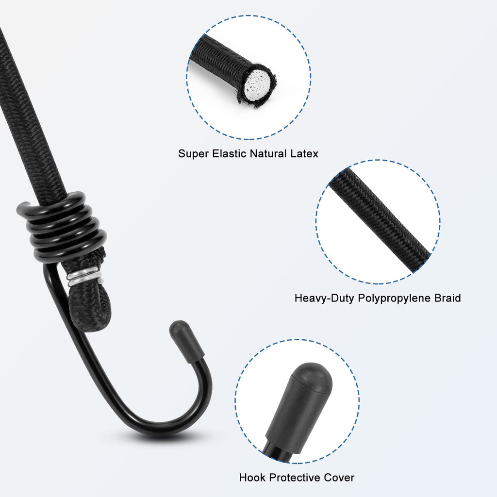 WeFine Pack of 10 Bungee Cords with Hooks Weatherproof & UV-Resistant Bungee Straps Heavy Duty Elastic Bungee Ropes for Caravan Camping RVs Trunks Luggage Racks,Black,16 inch (40CM)