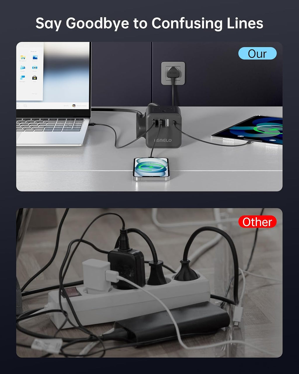 PD20W Cube Extension Lead with 4 USB Slots, Kemelo 4 Way (13A/3250W) Multi Plug Extension Cable with Child Safety UK Desktop Power Extension Socket,1.5M Extension Cords for Home Dorm Office