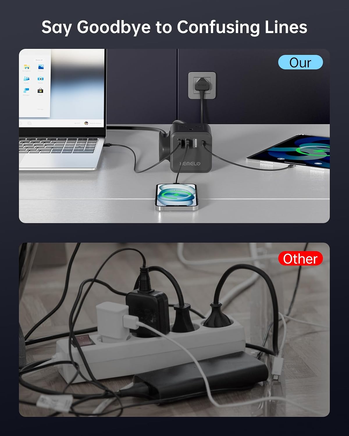 PD20W Cube Extension Lead with 4 USB Slots, Kemelo 4 Way (13A/3250W) Multi Plug Extension Cable with Child Safety UK Desktop Power Extension Socket,1.5M Extension Cords for Home Dorm Office