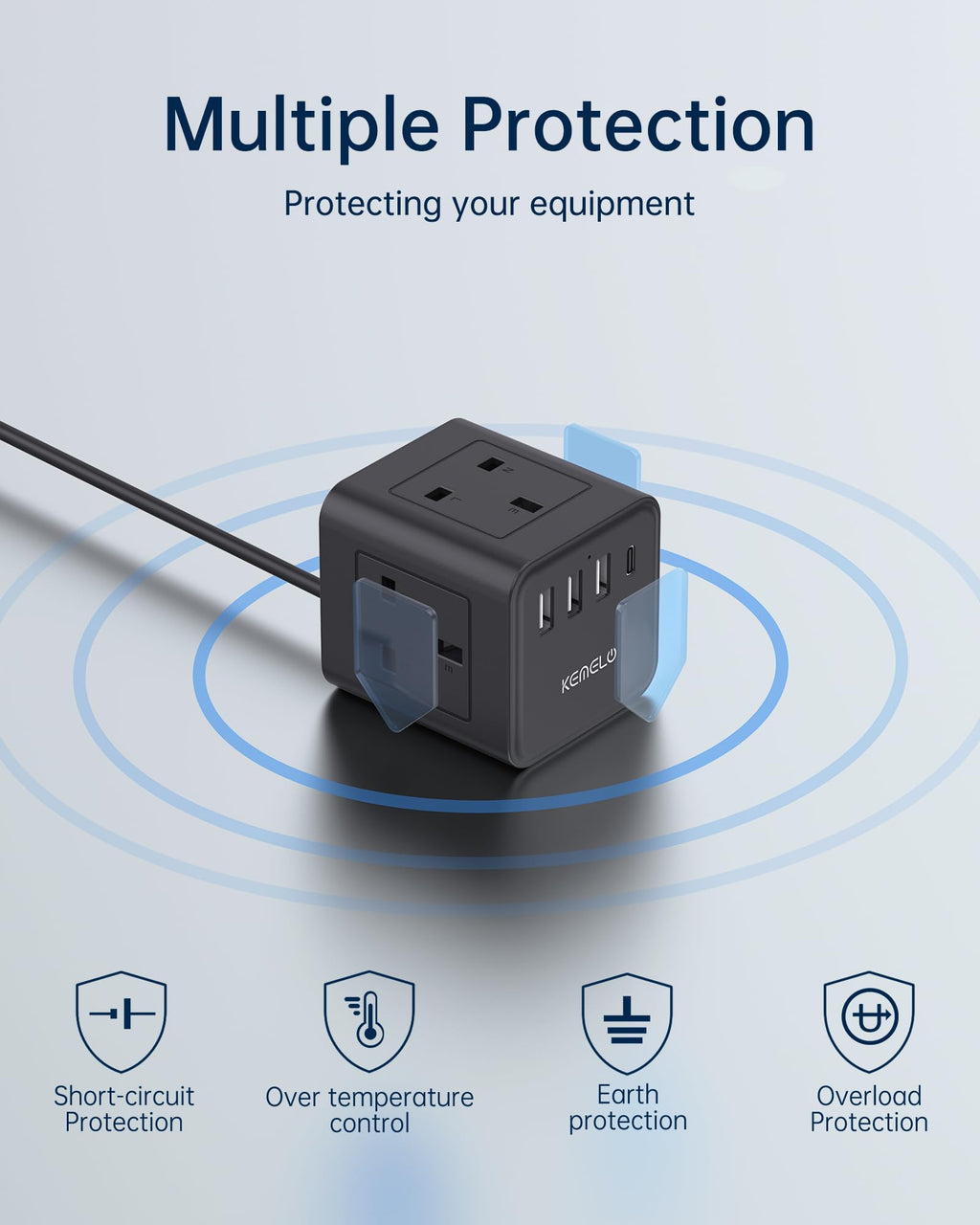 PD20W Cube Extension Lead with 4 USB Slots, Kemelo 4 Way (13A/3250W) Multi Plug Extension Cable with Child Safety UK Desktop Power Extension Socket,1.5M Extension Cords for Home Dorm Office