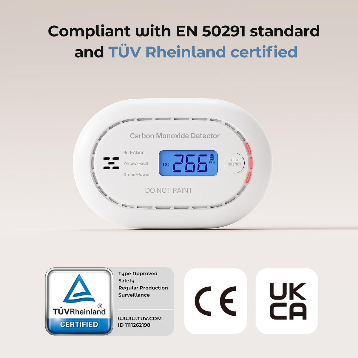 XINDUM Carbon Monoxide Detector 10-Year Battery LCD Display CE Black 1Pack