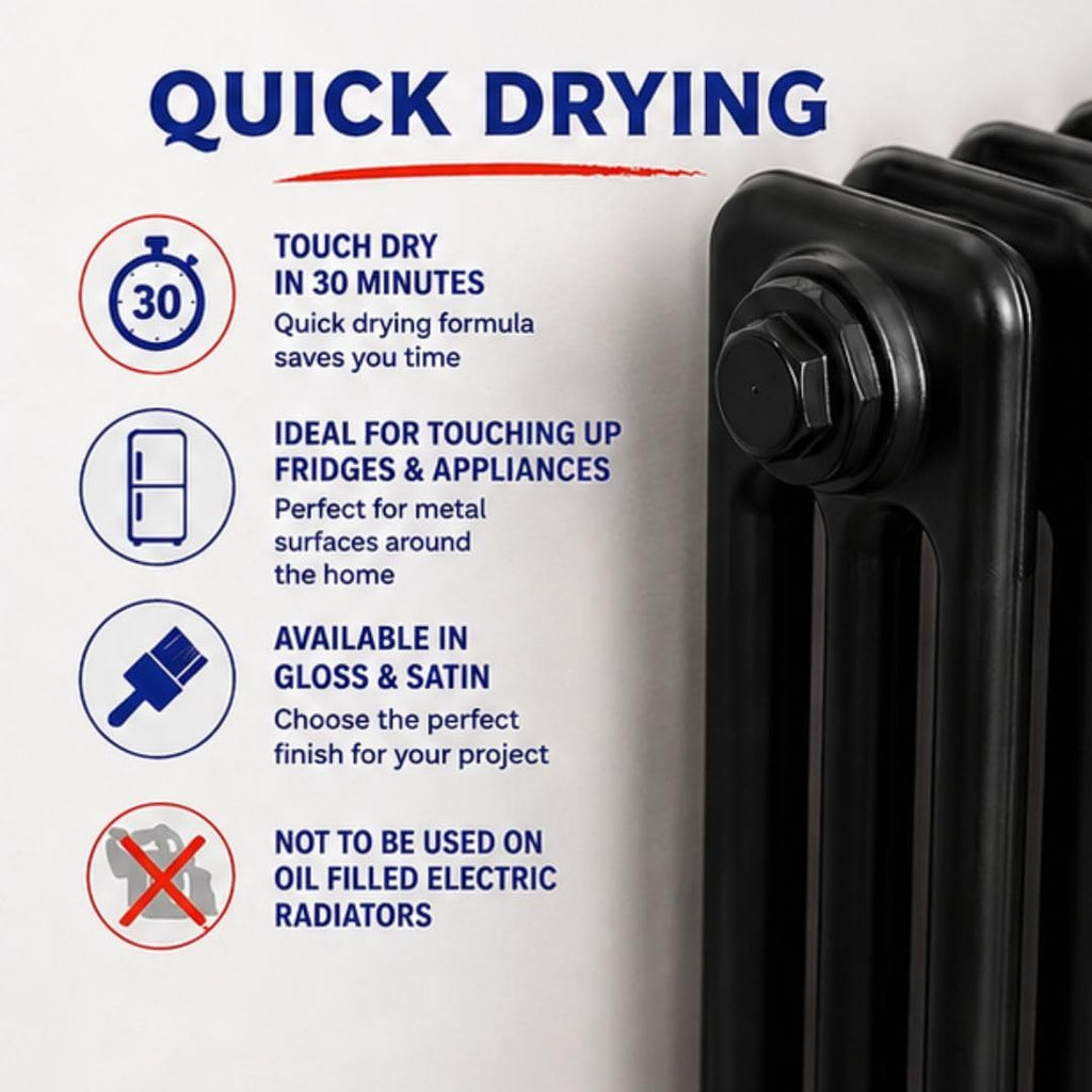RUSTINS Quick Drying Radiator Enamel Satin - Black 250ml – Durable, Long-Lasting Finish for Radiators That Stands the Test of Time