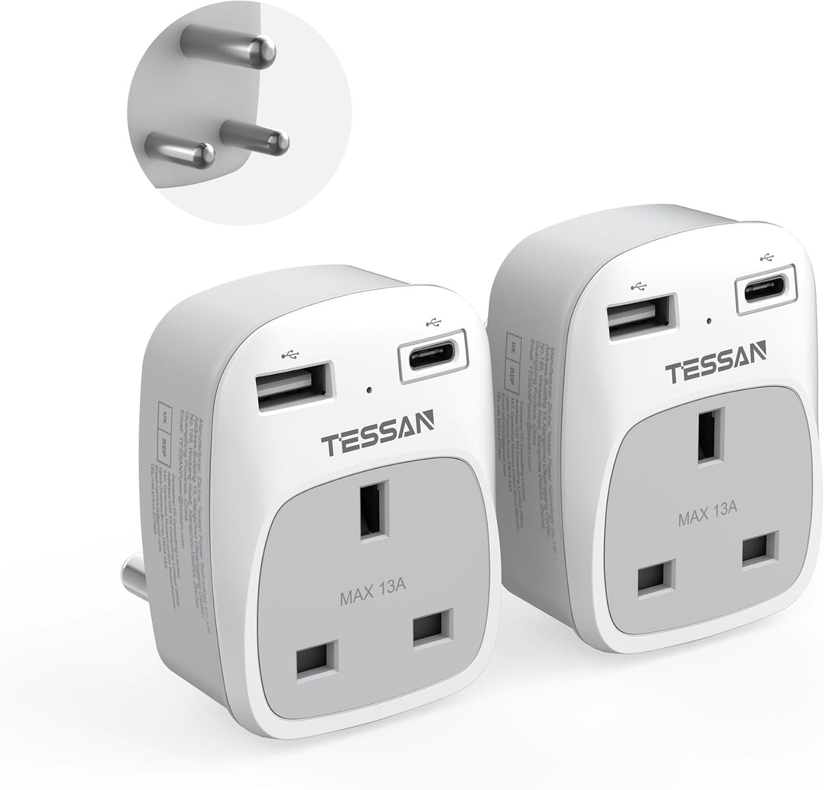 TESSAN UK to South Africa Plug Adapter, Type M Travel Adapter with USB C