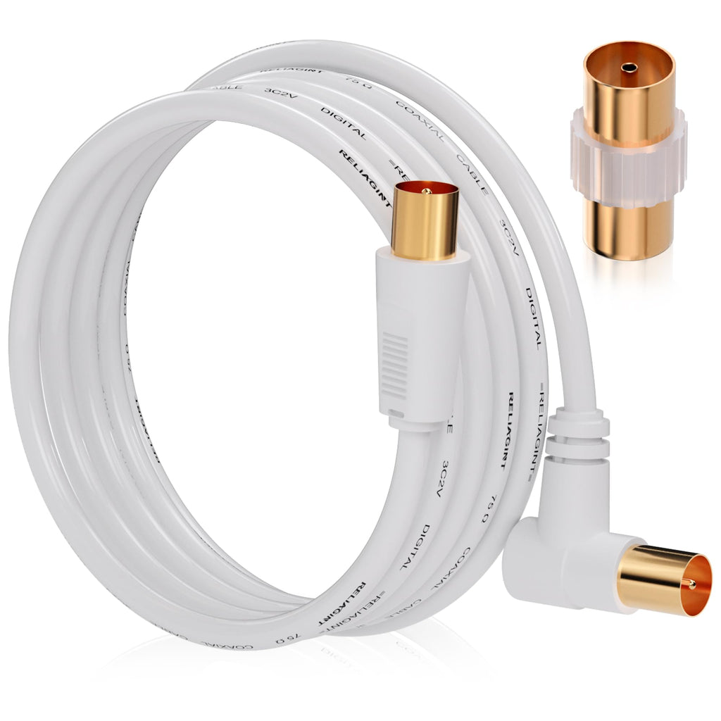 TV Aerial Cable 0.5m, 75 Ohm Coaxial Lead, IEC 9.5mm Male to Male 3C2V Pure Copper Dual Shielded, Right-Angle Connector, Female to Female Adaptor Included, Black