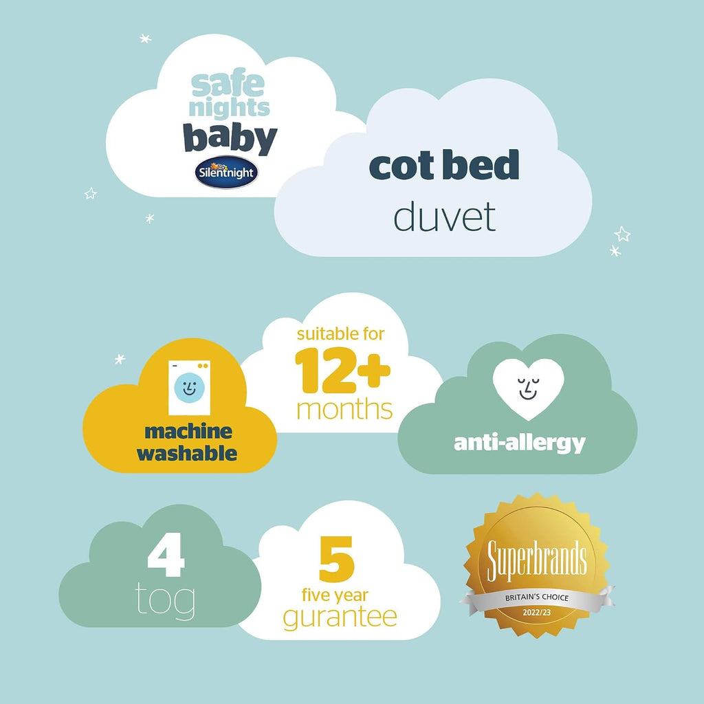 Silentnight Safe Nights Cot Bed Duvet 4 Tog – Anti Allergy Lightweight Soft Snug Nursery Quilt for Children, Kids, Toddlers – Hypoallergenic and Machine Washable – 150x120cm