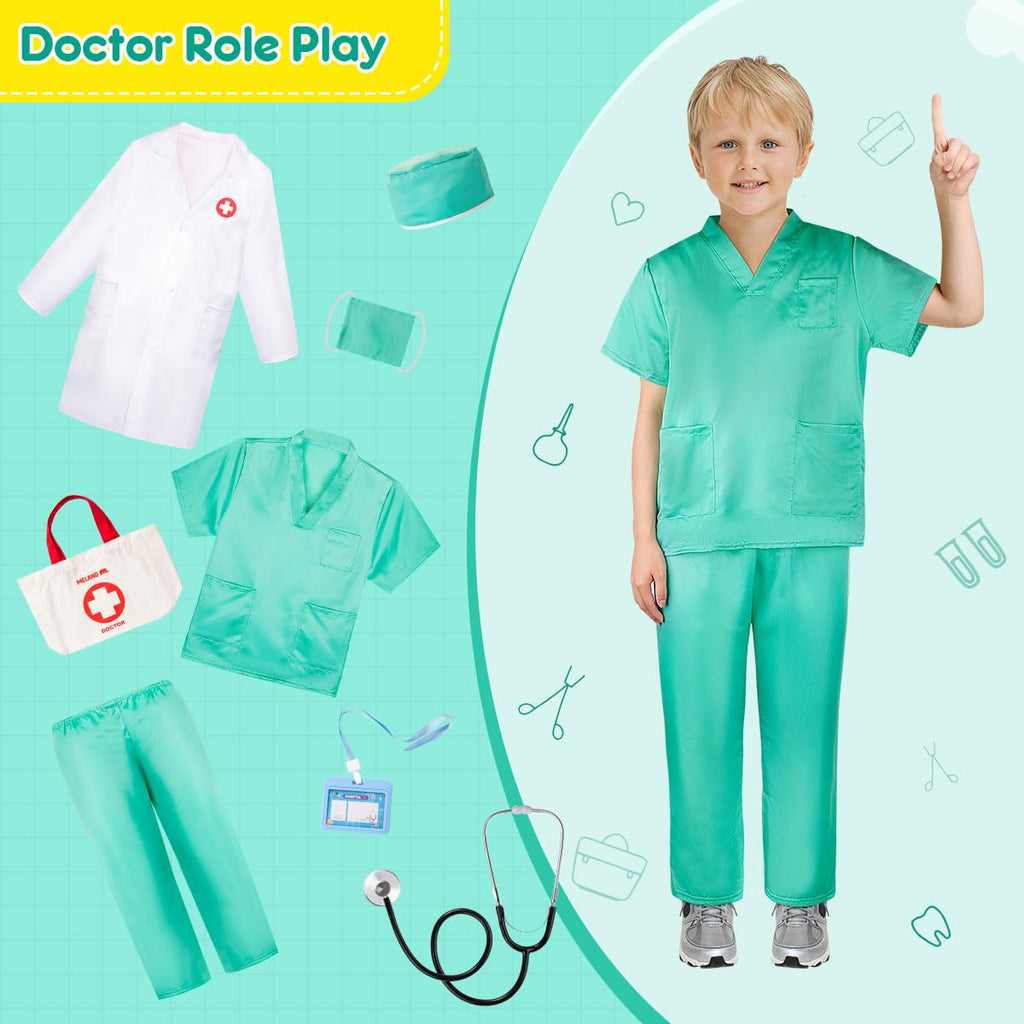 Meland Doctor Costume for Kids 3-10, Pretend Play Career Dress Up with Bag