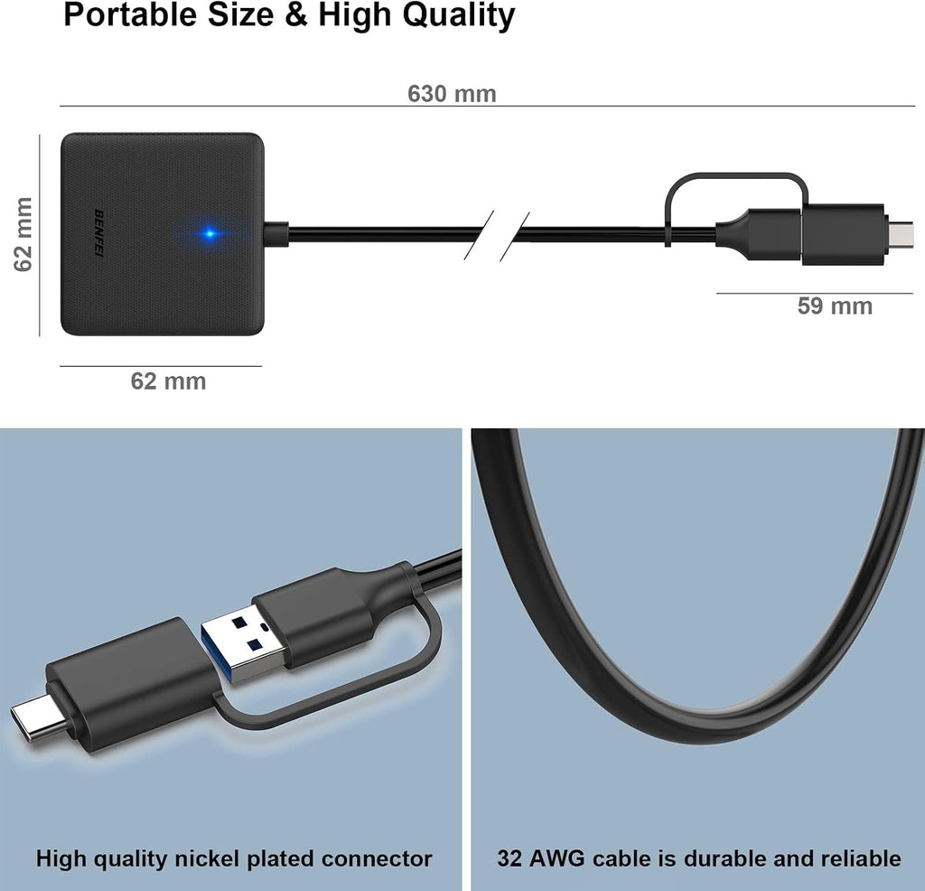 Memory Card Reader, BENFEI 4in1 USB 3.0 and USB-C to SD Micro SD MS CF Card Reader Adapter, 4 Cards Simultaneously Read and Write, Compatible with iPhone 15 series, MacBook Pro/Air 2023, and More