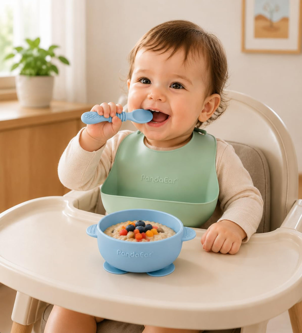 PandaEar 3 Pack Baby Suction Bowls with 3 Spoons, Stay Put Silicone Food Bowl Babies Led Weaning Supplies for Kids Toddlers, BPA-Free (Linen Brown Tan)