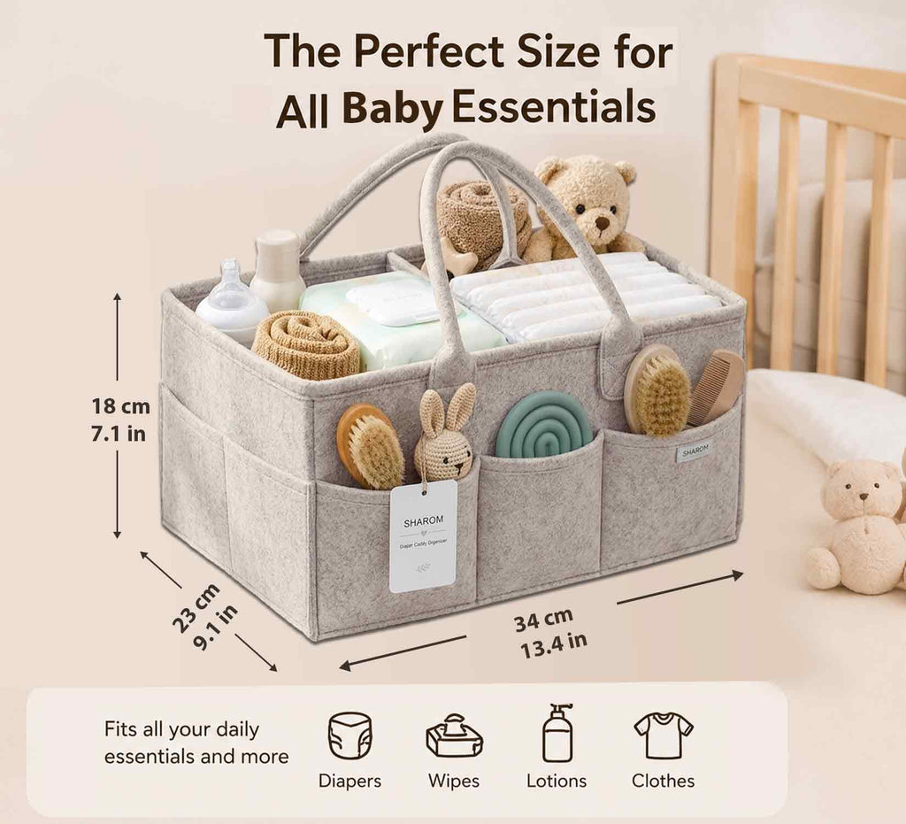 Essential Baby Caddy for Newborns. Spacious, Sturdy & Portable Diaper and Nappy Caddy for Newborn Essentials, Nursery Storage Basket & Organiser for Baby Shower Gifts & Registry Must-Haves Grey