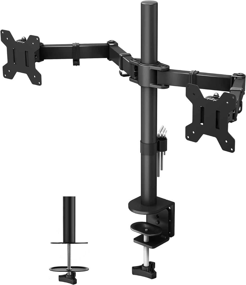 BONTEC Dual Monitor Arm Desk Mount for 13–27 Inch Computer Screens, VESA 75x75/100x100, Full Motion Adjustable Monitor Arm with 360° Rotation, Height Adjustable up to 430mm, Max 10kg per Arm, Black