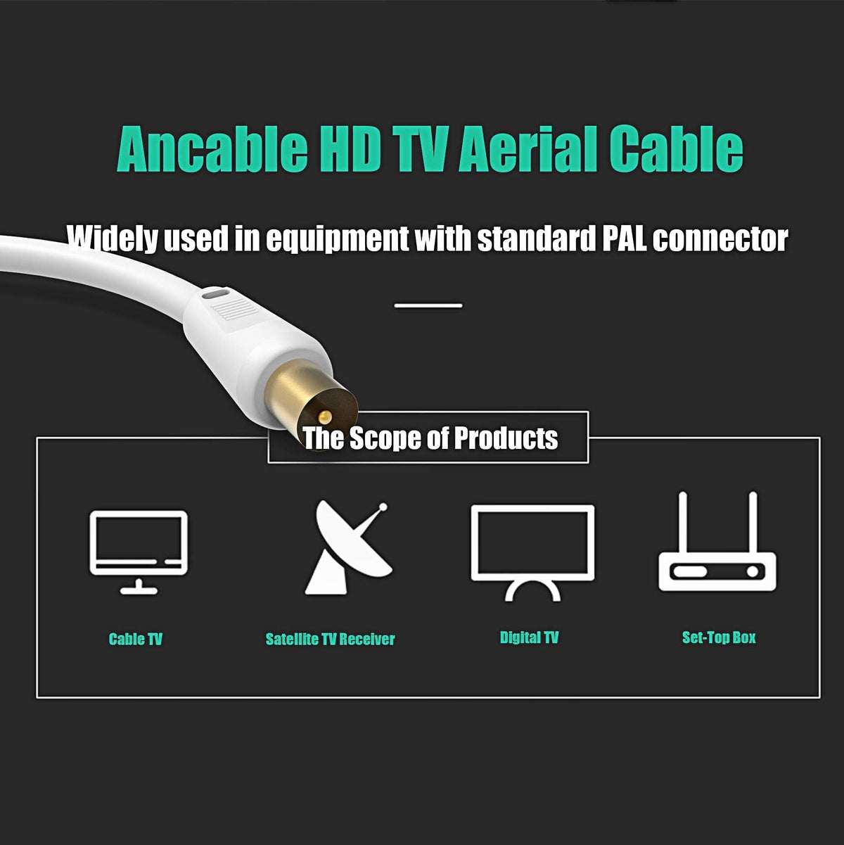 Ancable TV Aerial Cable with Coaxial Adapter 5M Black TV Ariel Lead