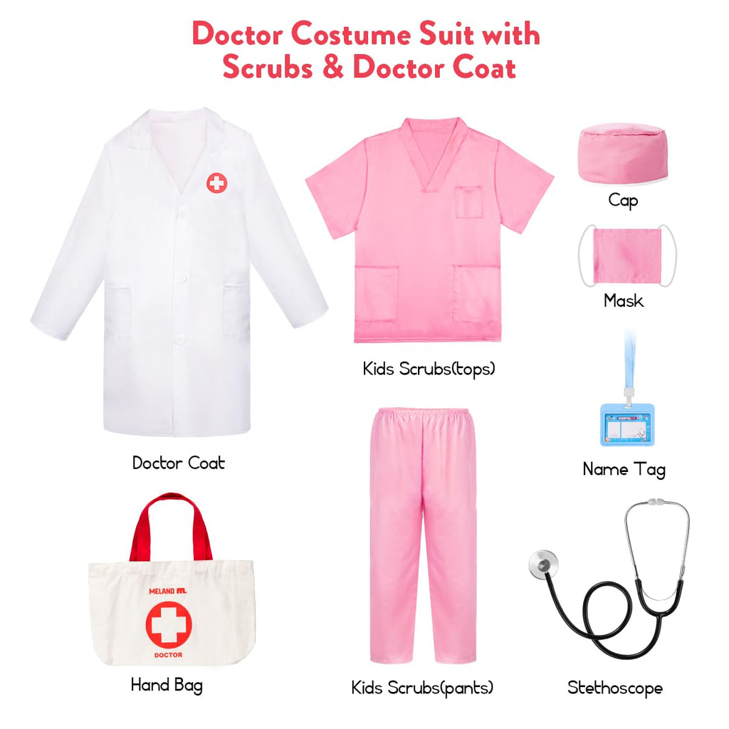Meland Doctor Costume for Kids 3-10, Pretend Play Career Dress Up with Bag