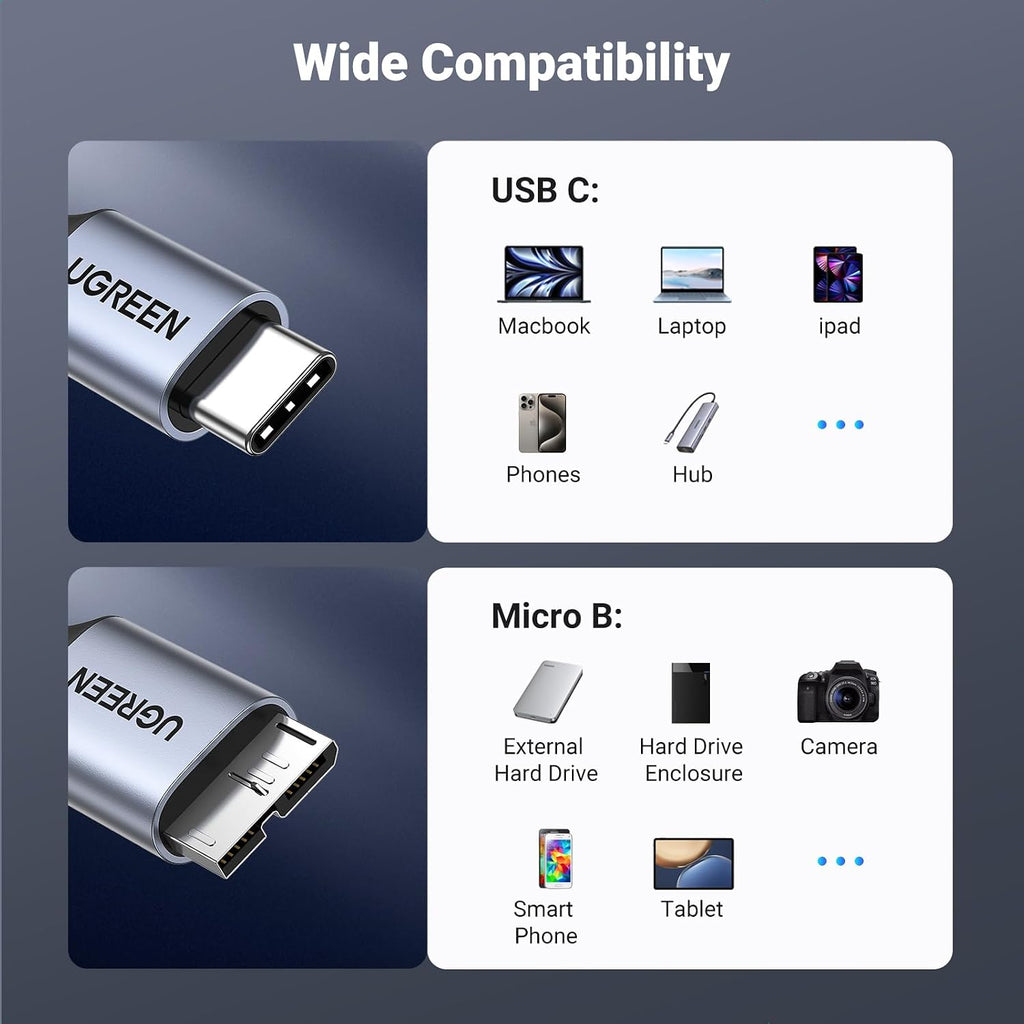 UGREEN Micro B to USB C Hard Drive Cable 10Gbps 1M