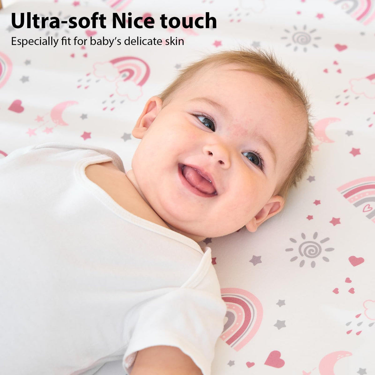 Next to Me Crib Sheets 85x51cm Fitted, 3 Pack Baby Cot Sheets, Ultral Soft & Silky Smooth Microfiber Bedside Crib Fitted Sheets Pink Rainbow