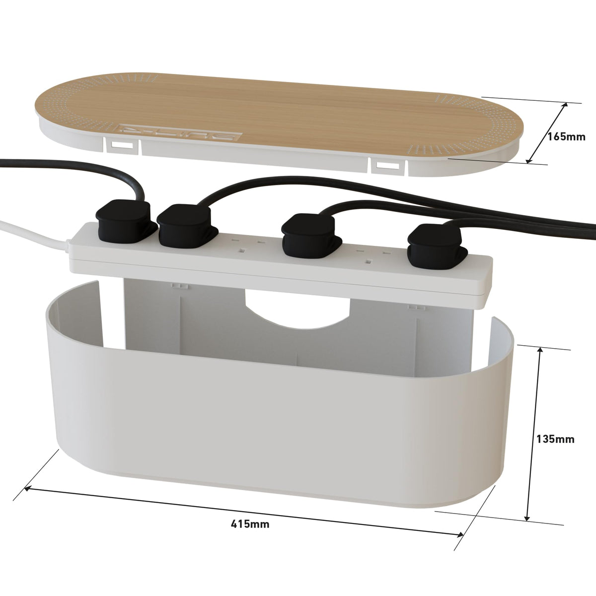 D-Line Cable Tidy Box, Hide Extension Blocks, Desk Cable Management, Organise TV Cables - 415mm (L) x 165mm (W) x 135mm (H) - Large, White