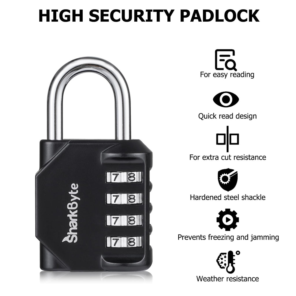 SharkByte Heavy Duty Combination Padlock – 4-Digit Weatherproof Outdoor Lock with Stainless Steel Shackle, Anti-Rust Resettable Code for Gym, School, Locker, Shed, Toolbox, Gate & Warehouse - Purple