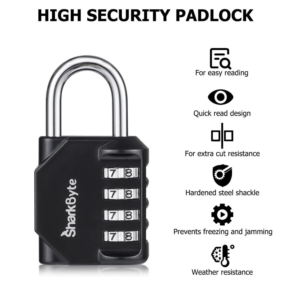 SharkByte Heavy Duty Combination Padlock – 4-Digit Weatherproof Outdoor Lock with Stainless Steel Shackle, Anti-Rust Resettable Code for Gym, School, Locker, Shed, Toolbox, Gate & Warehouse - Purple