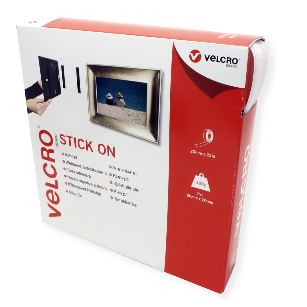 VELCRO Brand Stick On Tape Cut-to-Length Strong Hook & Loop Self Adhesive Sticky Tape Perfect for Room Décor & Home, Office, Garage Use White 20mm x 5m