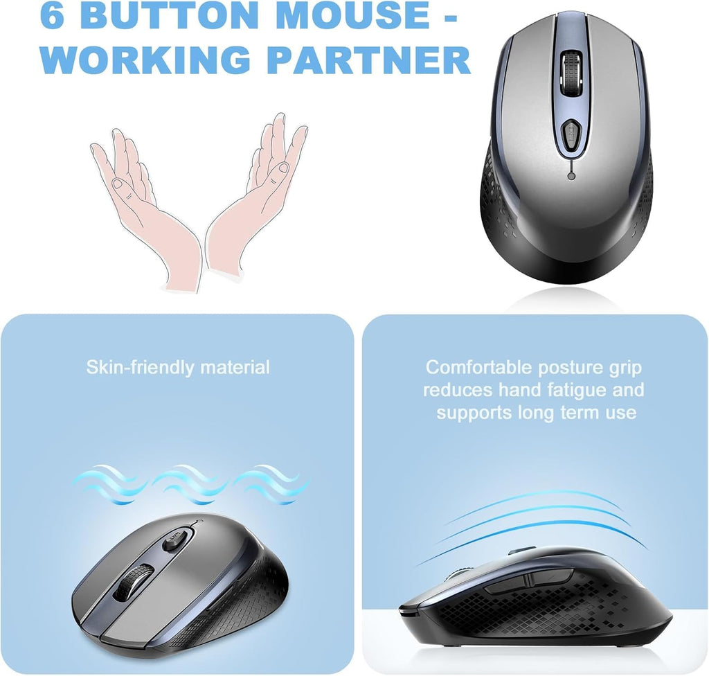 cimetech Wireless Mouse, 6 Buttons Mouse Silent Efficient Design, Suitable for Hand Size & Comfortable Grip, Office Mouse for Laptop PC Computer Tablets Windows Linux, 3 Adjustment Levels, Pinlk