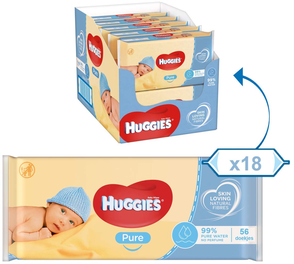 Huggies Pure Plastic Free Baby Wipes - Pack of 18 (864 Wipes) - 99% Water Wet Wipes, Fragrance Free, Hypoallergenic, Better Cleaning, Soft and Gentle on Babies' Delicate Skin