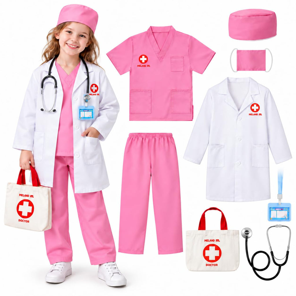 Meland Doctor Costume for Kids 3-10, Pretend Play Career Dress Up with Bag