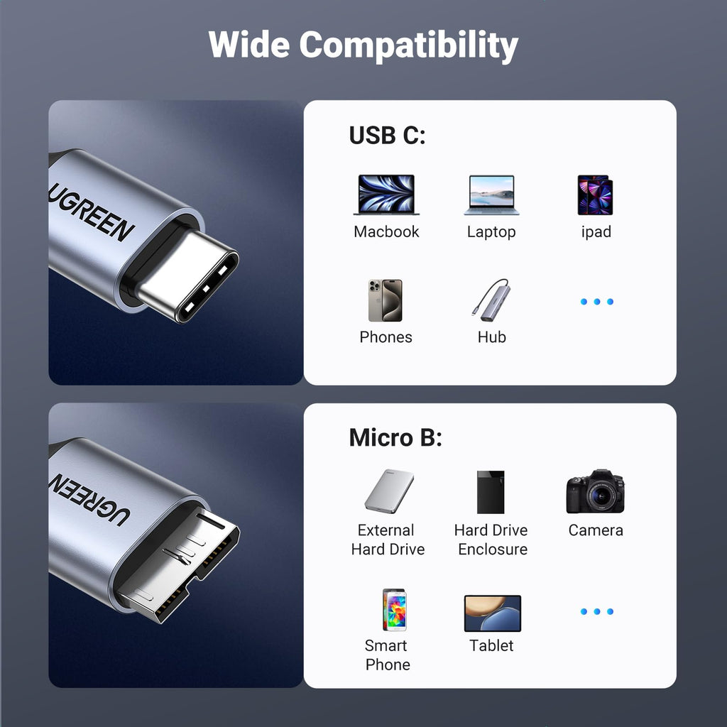 UGREEN Micro B to USB C Hard Drive Cable 10Gbps 1M
