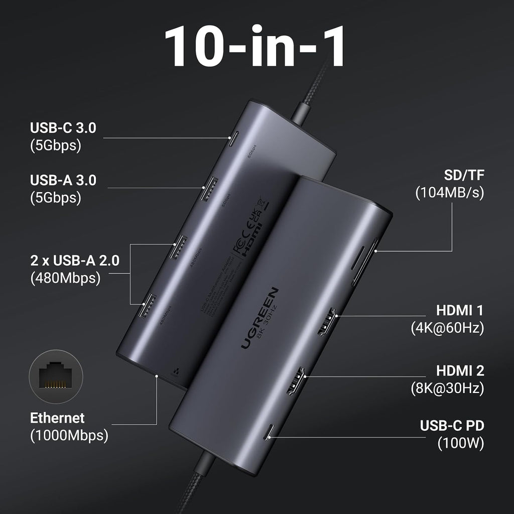 UGREEN Laptop Docking Station Dual Monitor, 10-in-1 Dual 4K@60Hz USB C Hub