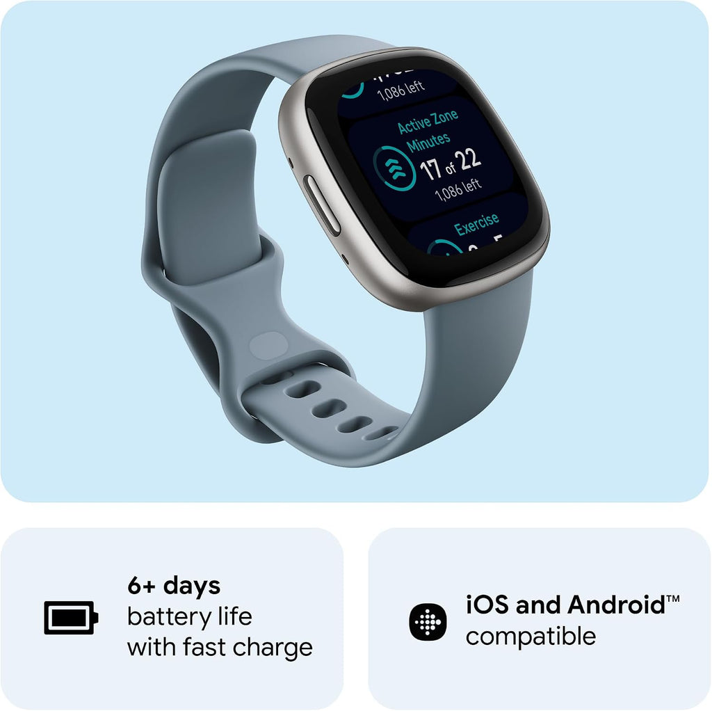 Google Fitbit Versa 4 Fitness Smartwatch with built-in GPS and up to 6 days battery life - compatible with iOS 15 or higher & Android OS 9.0 or higher, Waterfall Blue/Platinum