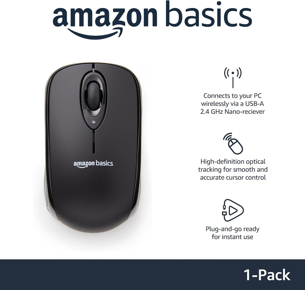 Amazon Basics Wireless Mouse for Laptop, 2.4GHz with USB Nano Receiver – Black