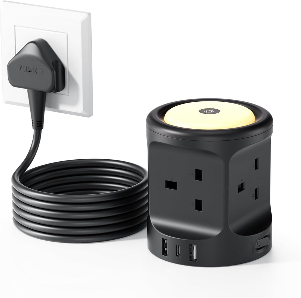 Extension Lead with USB Slots and Night Light, 4 Way (13A/3250W) Multi Plug Extension Cords & 3 USB Ports, Surge Protected Extension Lead with Switches, 2M Extension Cable for Home Dorm Office