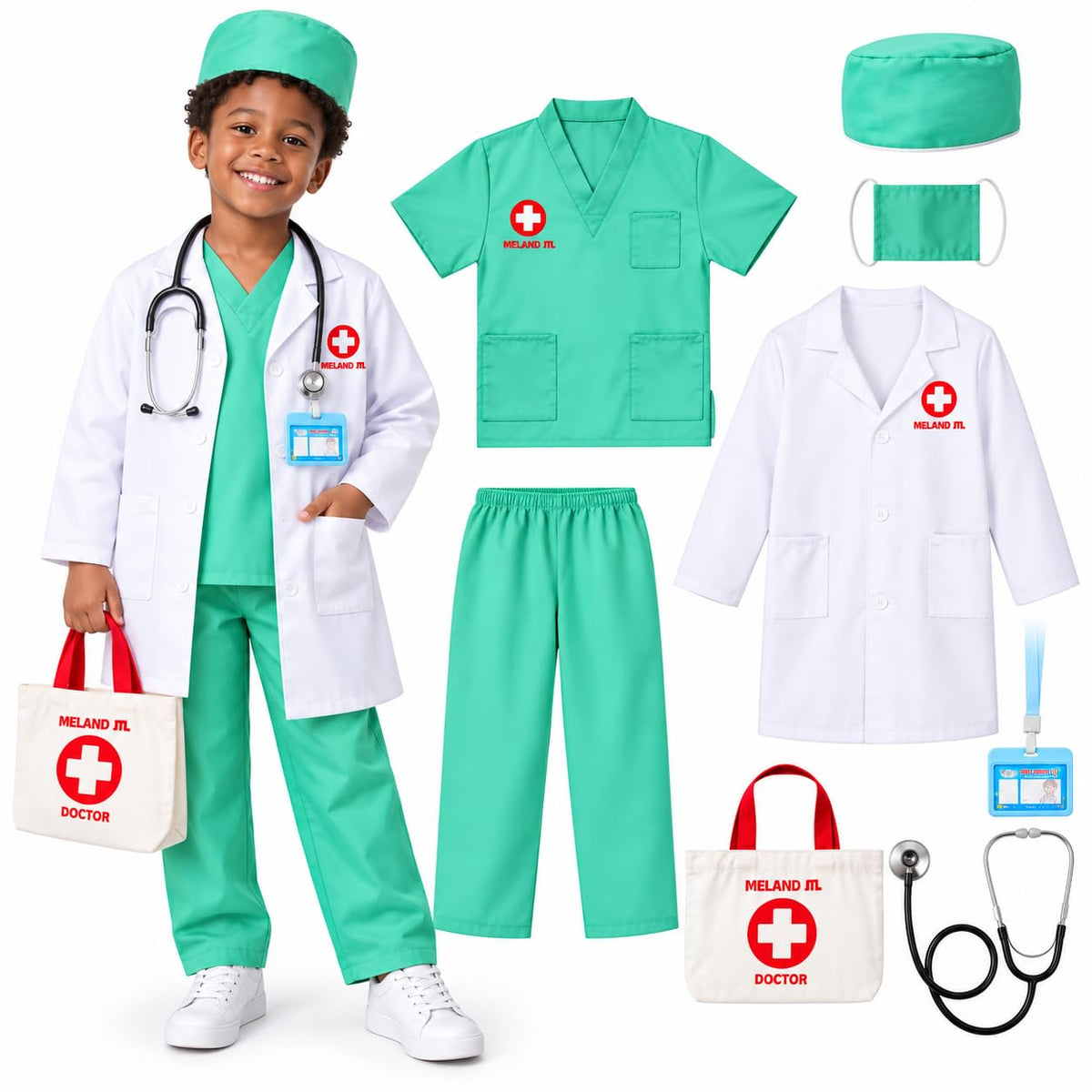 Meland Doctor Costume for Kids 3-10, Pretend Play Career Dress Up with Bag