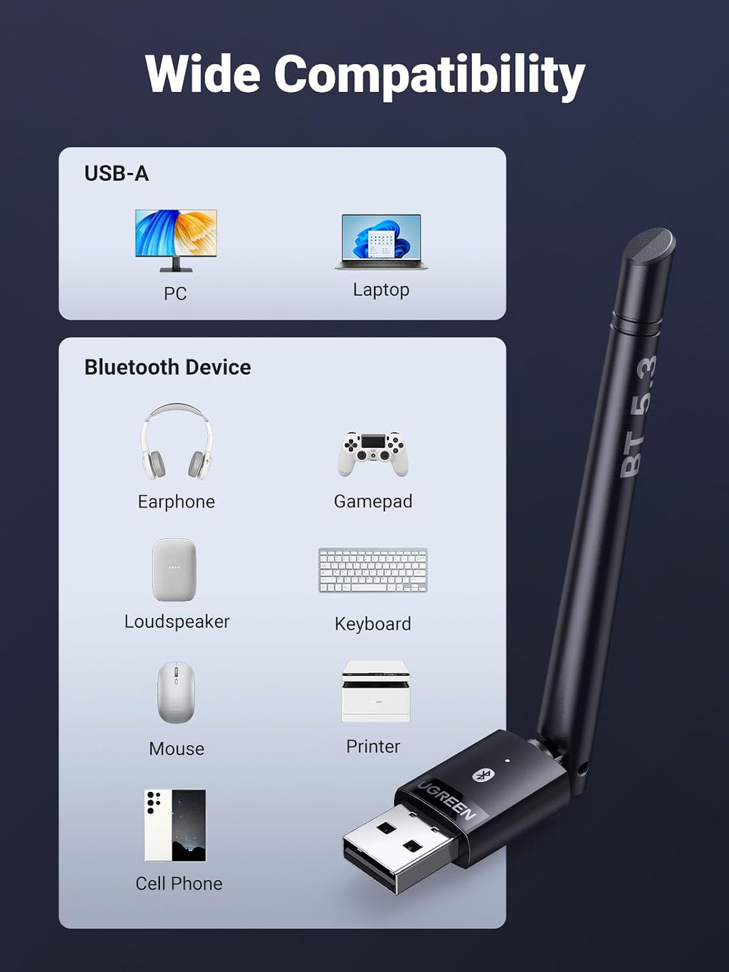 UGREEN Bluetooth 5.3 USB Adapter 328ft/100M Range for PC, Rotatable Antenna
