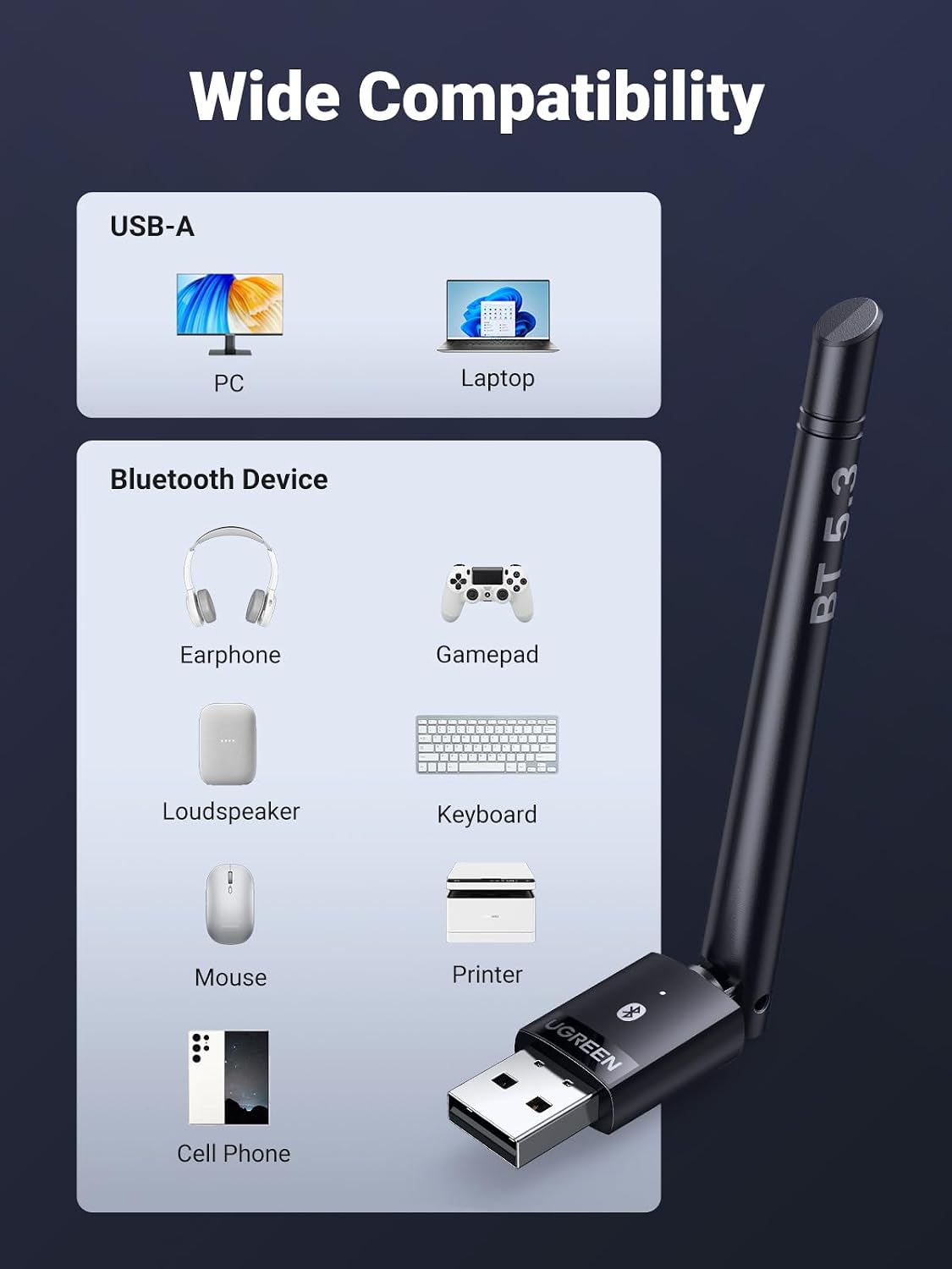UGREEN Bluetooth 5.3 USB Adapter 328ft/100M Range for PC, Rotatable Antenna