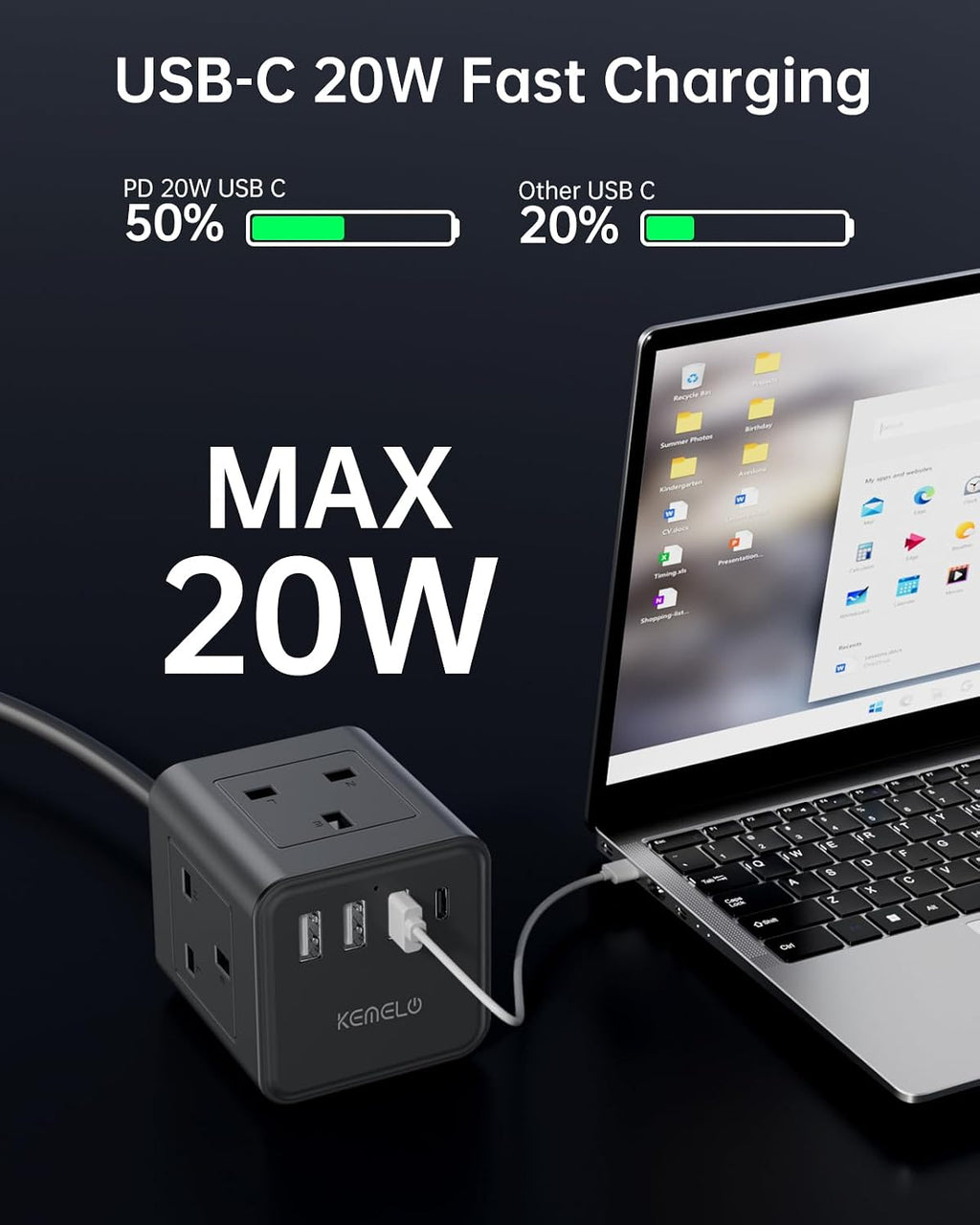 PD20W Cube Extension Lead with 4 USB Slots, Kemelo 4 Way (13A/3250W) Multi Plug Extension Cable with Child Safety UK Desktop Power Extension Socket,1.5M Extension Cords for Home Dorm Office