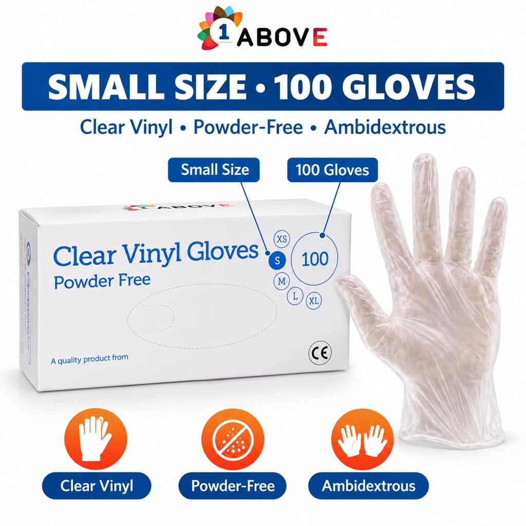 1ABOVE 100 Clear Vinyl Disposable Gloves Small, Powder-Free Latex-Free Ambidextrous Gloves for Food Handling Except Fatty Foods, Cleaning, Hairdressing, Beauty & Everyday Tasks