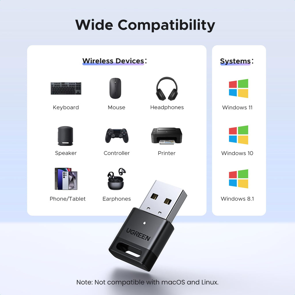UGREEN Bluetooth 5.3 USB Adapter 328ft/100M Range for PC, Rotatable Antenna