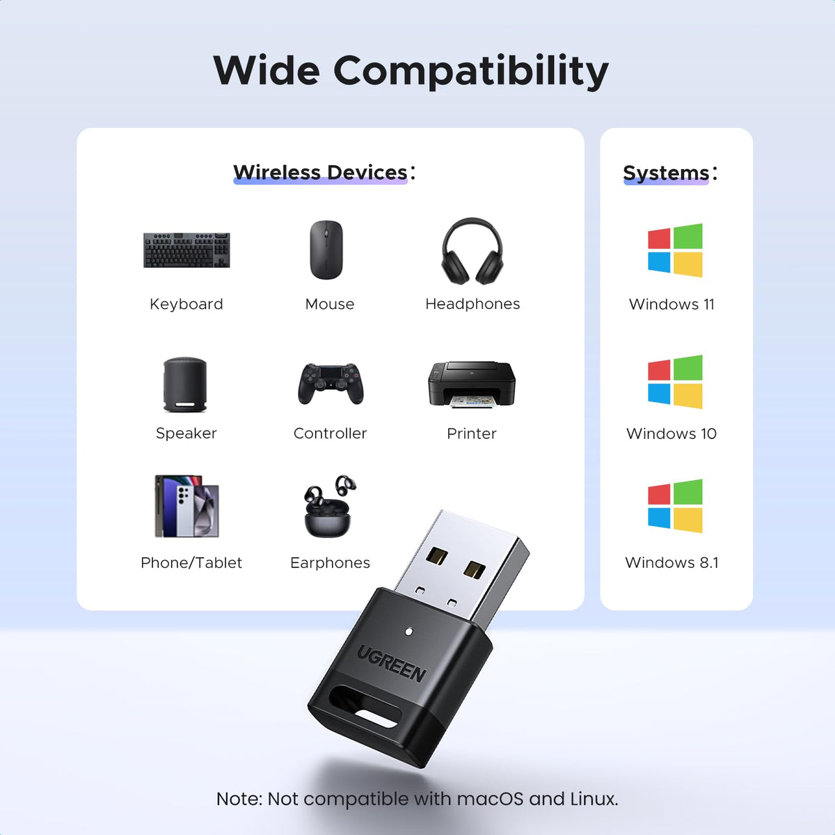 UGREEN Bluetooth 5.3 USB Adapter 328ft/100M Range for PC, Rotatable Antenna