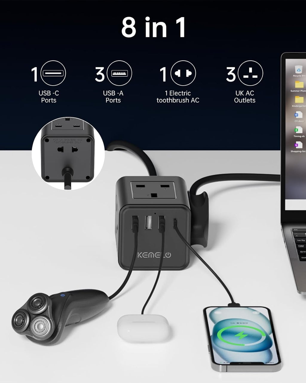 PD20W Cube Extension Lead with 4 USB Slots, Kemelo 4 Way (13A/3250W) Multi Plug Extension Cable with Child Safety UK Desktop Power Extension Socket,1.5M Extension Cords for Home Dorm Office